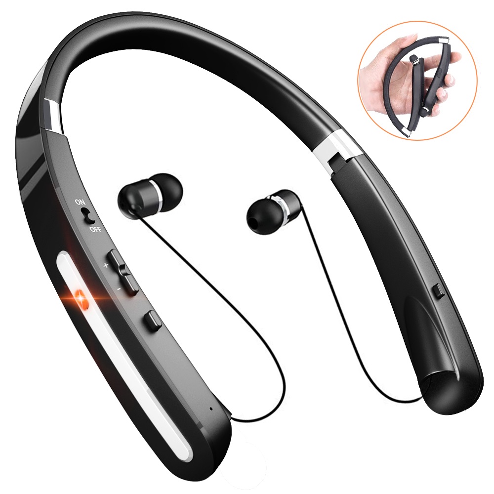 Wireless Bluetooth Headphones, Comsoon Neckband Headset [20 Hours Playtime][Foldable Design] with Retractable Earbuds, Sweatproof Sport Running In Ear Stereo Earphones with Mic (Black)